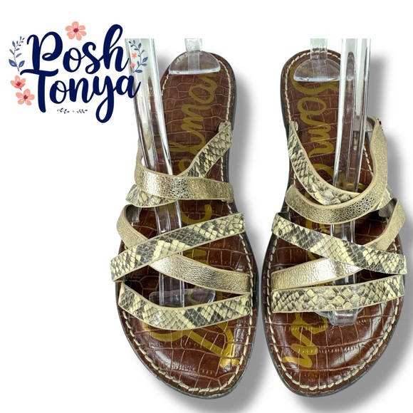 Sam Edelman Giana Metallic Gold Snake Print Strappy Sandals Flat Chic, Size 7.5 - Picture 1 of 12